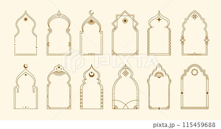 Ramadan boho arch frames, muslim borders. Isolated vector set of linear Islamic window and door shapes, mosque interior elements. Arab arcs or portals with stars and crescents for Eid Mubarak holiday 115459688
