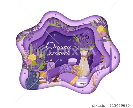 Paper cut banner with lavender cosmetics for skincare products, vector background. Lavender aroma SPA cosmetics with Provence flowers soap and cream, aromatherapy candles and oil essence in paper cut 115459689