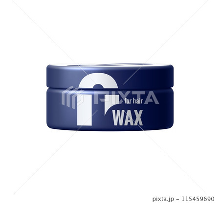 Hair wax package, men cosmetic product isolated 3d vector realistic mockup. Dark blue round container with haircare production, for styling hair in barber shop, salon or during domestic routine 115459690