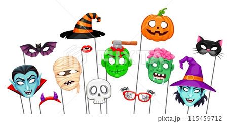 Halloween masks with props for photo booth. Isolated vector set cartoon witch hat and face, vampire, mummy and pumpkin. Bat, devil horns, skull and monster lips. Zombie with axe in brain, and cat head 115459712