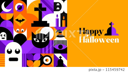 Halloween banner with modern abstract geometric Bauhaus pattern. Halloween holiday celebration vector horizontal banner. Bauhaus geometric pattern or background with ghost, black cat, bat and cemetery 115459742