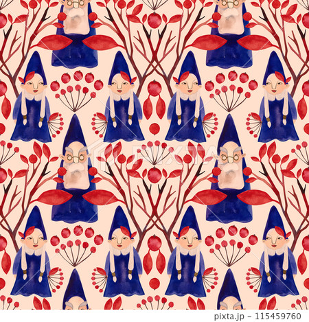 Autumn gnomes. Watercolor seamless pattern for fabrics, home textiles, clothes and wrapping paper. Fairytale vintage style. Beige background. 115459760