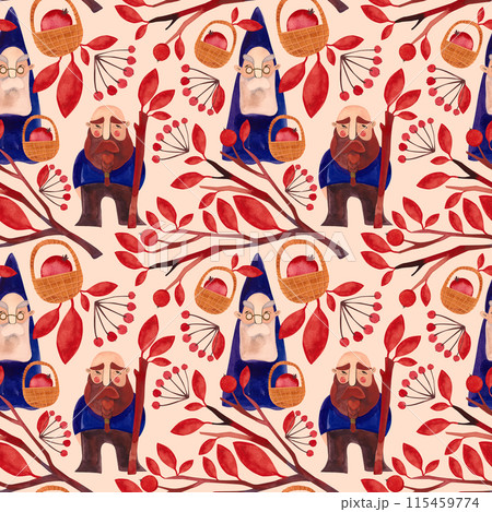 Autumn gnomes. Watercolor seamless pattern for fabrics, home textiles, clothes and wrapping paper. Fairytale vintage style. Beige background. 115459774