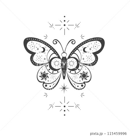 Magic sacred decoration esoteric tattoo moth or butterfly dark line, border celelstial mystery esoteric decoration with moth or butterfly, sun, stars and moon on white background. 115459996