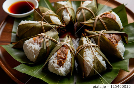 Savory Rice Dumplings on Bamboo Leaf with Soy Sauce - Generated by AI 115460036