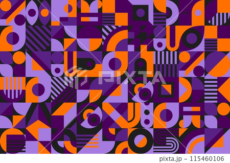 Abstract Halloween geometric pattern. Vector background featuring bold, contrasting shapes in orange and purple colors, evoking a mysterious and captivating ambiance perfect for the spooky season 115460106