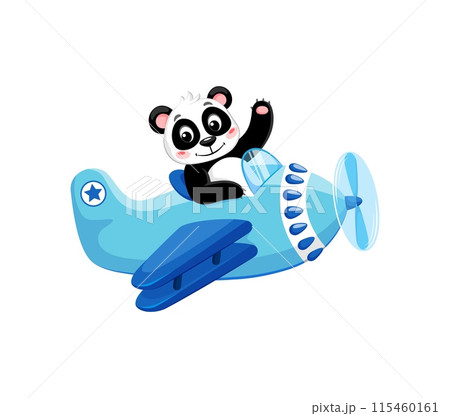 Cartoon panda animal on plane, funny pilot in airplane toy, vector kids character. Panda pilot flying in propeller airplane with Hi greeting paw and smile on face, cute zoo animal aviator for kids Cartoon panda animal on plane, funny pilot in airplane toy, vector kids character. Panda pilot flying in propeller airplane with Hi greeting paw and smile on face, cute zoo animal aviator for kids 115460161