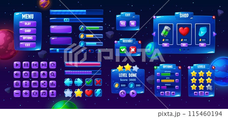 Galaxy space game interface, button and panel, loading bars asset. Vector menu, play, shop, options and exit buttons, progress bars, stars, hearts, coins. Ui elements on starry background with planets 115460194