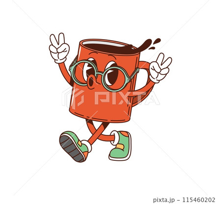 Cartoon coffee mug retro groovy breakfast character. Isolated vector playful red cup vintage style comic personage wearing shoes, with smiling face, glasses, and showing a peace sign with both hands Cartoon coffee mug retro groovy breakfast character. Isolated vector playful red cup vintage style comic personage wearing shoes, with smiling face, glasses, and showing a peace sign with both hands 115460202
