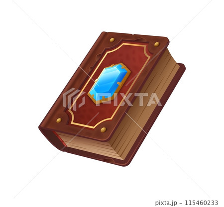 Game book, ancient tome imbued with spells, enchantments, and arcane knowledge. Isolated cartoon vector closed magic game book with leather cover and blue gemstone contains mystic secrets and power Game book, ancient tome imbued with spells, enchantments, and arcane knowledge. Isolated cartoon vector closed magic game book with leather cover and blue gemstone contains mystic secrets and power 115460233