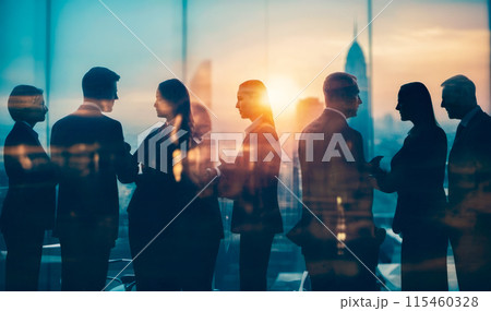 Business Meeting Silhouette with Urban Skyline, Corporate Teamwork Discussion Background. Double Exposure 115460328