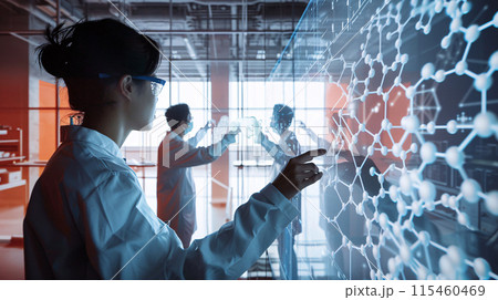 a scene in a high-tech lab where scientists are using a large, transparent touchscreen to manipulate 3D models of molecules 115460469