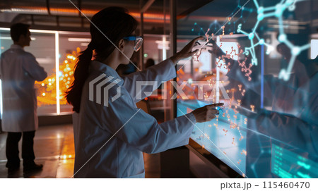 a scene in a high-tech lab where scientists are using a large, transparent touchscreen to manipulate 3D models of molecules 115460470