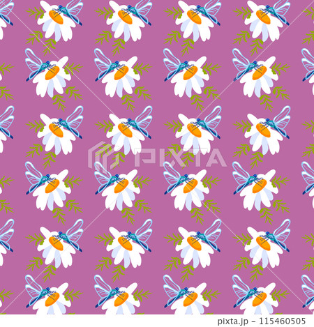 Seamless pattern daisy dragonfly Lilac background postcards posters banners Spring Summer fabric clothing Suitable wrapping paper wallpaper Textile template Vector Seamless pattern daisy dragonfly Lilac background postcards posters banners Spring Summer fabric clothing Suitable wrapping paper wallpaper Textile template Vector 115460505