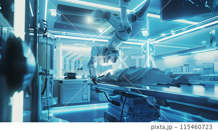 a futuristic operating room where a robotic surgeon is performing a complex procedure 115460723