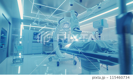 a futuristic operating room where a robotic surgeon is performing a complex procedure 115460734