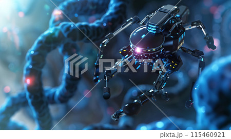 a close-up of a nanobot  set against a backdrop of human cells 115460921