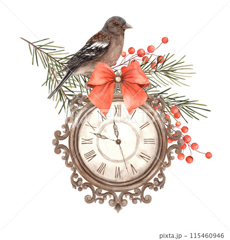 Vintage clock with a red bow, surrounded by pine branches and red berries and a bird. Watercolor composition in Christmas style. Drawing for the New Year holidays, invitations, cards, packaging Vintage clock with a red bow, surrounded by pine branches and red berries and a bird. Watercolor composition in Christmas style. Drawing for the New Year holidays, invitations, cards, packaging 115460946