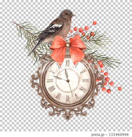 Vintage clock with a red bow, surrounded by pine branches and red berries and a bird. Watercolor composition in Christmas style. Drawing for the New Year holidays, invitations, cards, packaging Vintage clock with a red bow, surrounded by pine branches and red berries and a bird. Watercolor composition in Christmas style. Drawing for the New Year holidays, invitations, cards, packaging 115460946