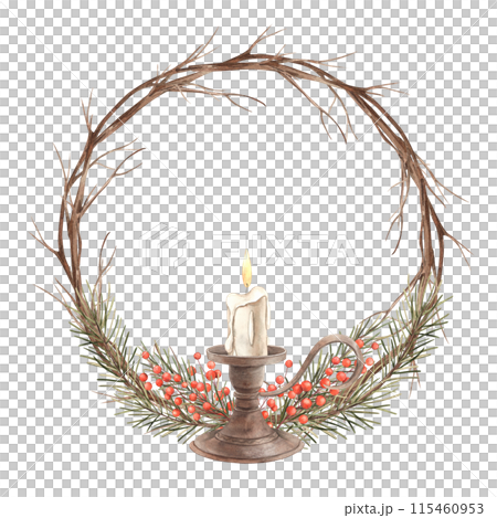 A wreath of dry tree branches with fir branches, red berries and a wax candle in a candlestick. Watercolor wreath in holiday style on isolated background, suitable for New Year design, cards, banners 115460953