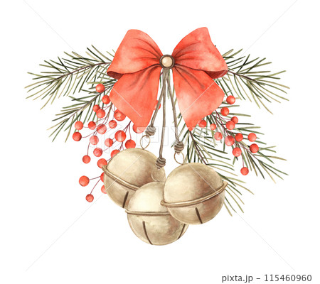 Green spruce, red berries with satin bow, vintage bells. Watercolor Christmas composition in vintage style. Composition for Christmas and New Year holidays, invitations, cards, decoration, packaging Green spruce, red berries with satin bow, vintage bells. Watercolor Christmas composition in vintage style. Composition for Christmas and New Year holidays, invitations, cards, decoration, packaging 115460960