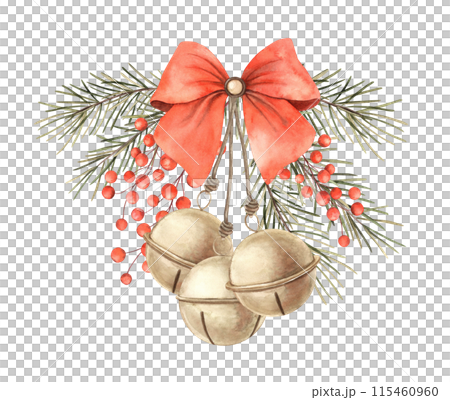 Green spruce, red berries with satin bow, vintage bells. Watercolor Christmas composition in vintage style. Composition for Christmas and New Year holidays, invitations, cards, decoration, packaging 115460960