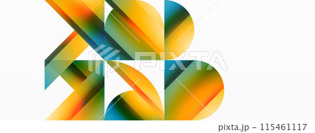 Vibrant color triangles and circles on white background intertwine to create captivating and harmoniously balanced composition for digital designs, presentations, website banners, social media posts 115461117