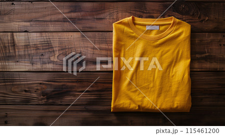 a colored blank t-shirt is folded neatly, ironed, placed in the frame for mockup 115461200