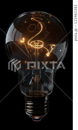 A single light bulb, with a bright, glowing filament that is shaped like a WHAT , brand new and glowing brightly, floating isolated against a deep, solid black background. 115461381
