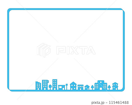 シンプルな家やビルが立ち並ぶ街並みラインのフレーム ターコイズブルーver シンプルな家やビルが立ち並ぶ街並みラインのフレーム ターコイズブルーver 115461488