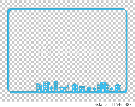 シンプルな家やビルが立ち並ぶ街並みラインのフレーム ターコイズブルーver シンプルな家やビルが立ち並ぶ街並みラインのフレーム ターコイズブルーver 115461488