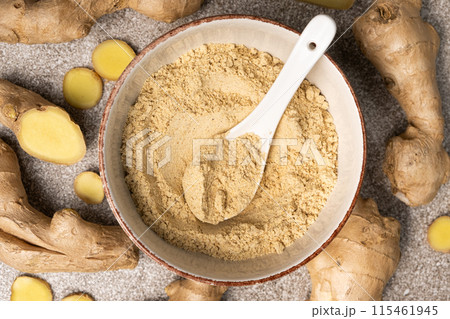 Ginger Powder, Ground Ginger Root, Top View. Ginger Powder, Ground Ginger Root, Top View. 115461945