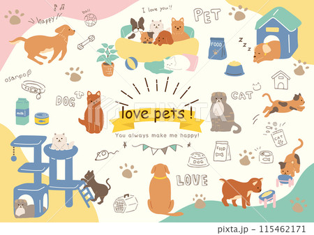手がきの犬、猫とペット用品アイコンのセット 115462171