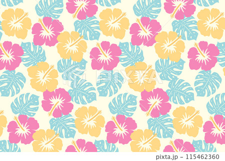 ハイビスカスの花とトロピカルな葉のシームレスパターン 115462360