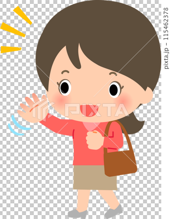 A woman on the go waving with a smile, meeting someone 115462378