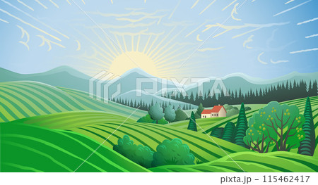 Fields Rolling Hills Sunrise Farm Land Background 115462417