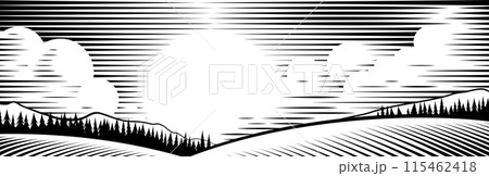 Rolling Hills Drawing In A Vintage Woodcut Style 115462418