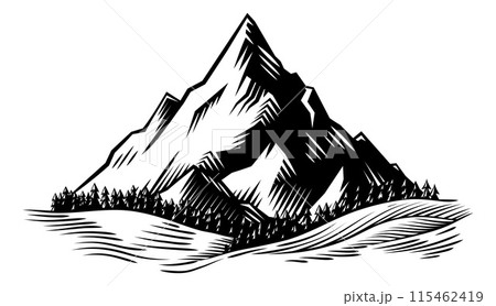 Mountains Range Woodcut Engraved Style Drawing 115462419
