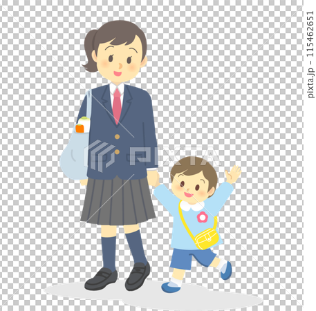 Image of a young carer: A minor student (female junior high school student/smile/full body) taking care of younger siblings on behalf of the family 115462651