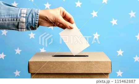 Hand Casting Ballot in Voting Box with Star Background Hand Casting Ballot in Voting Box with Star Background 115462887