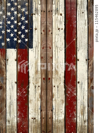 Rustic American Flag Painted on Wooden Planks Rustic American Flag Painted on Wooden Planks 115462895