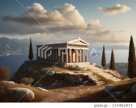 greek temple ruin on a hill 115462973