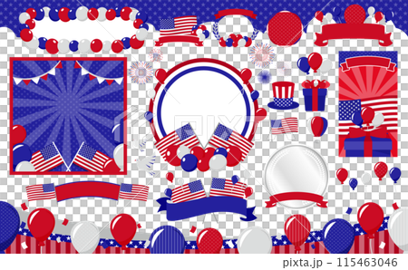 アメリカ独立記念日を祝うデザイン素材セット_フレーム・国旗・アイコン・ロゴなど 115463046
