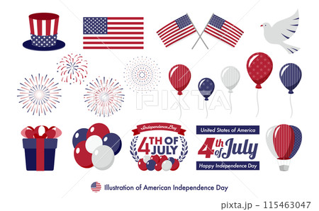 アメリカ独立記念日のお祝い：アメリカ国旗アイコンと風船、4th of Julyの特別ロゴのセット 115463047