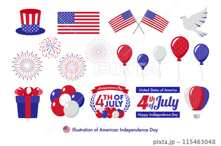 アメリカ独立記念日のお祝い：アメリカ国旗アイコンと風船、4th of Julyの特別ロゴ 115463048