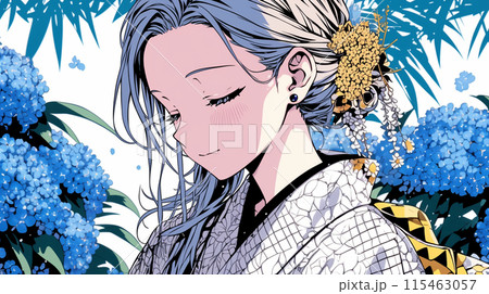 紫陽花と着物を着た女性