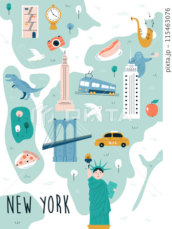 Hand drawn vector map of New York city, USA with famous landmarks and symbols. 115463076