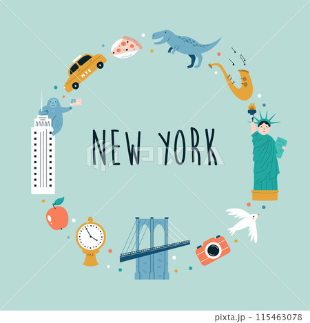 New York hand drawn poster, decoration with famous symbols and landmarks of city 115463078
