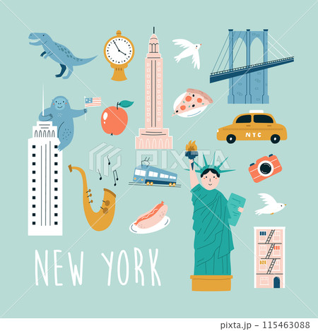 New York hand drawn poster, decoration with famous symbols and landmarks of city 115463088