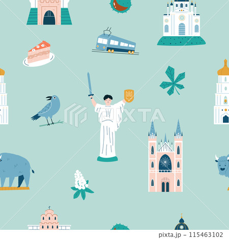 Kyiv seamless pattern with symbols and landmarks. Colorful design for prints, gift boxes, wallpaper, decoration Kyiv seamless pattern with symbols and landmarks. Colorful design for prints, gift boxes, wallpaper, decoration 115463102